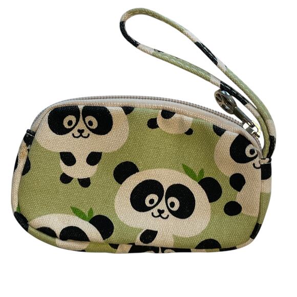 Bungalow 360 Small Wristlet Panda Print Green Black Novelty Canvas Pouch - Picture 2 of 5